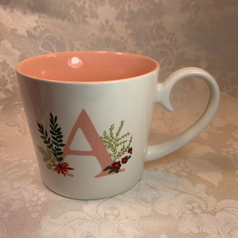 Opalhouse Stoneware Letter A Coffee Tea Cappuccino Mug Pink Lined Flowers Ferns